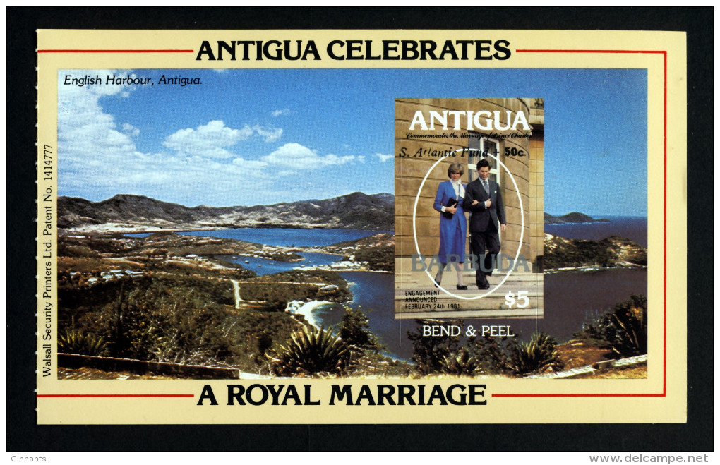 BARBUDA - 1981 ROYAL WEDDING BOOKLET PANE $5 + SOUTH ATLANTIC FUND SURCHARGE BEND & PEEL EX SG SB5 FINE MNH ** - Barbuda (...-1981)