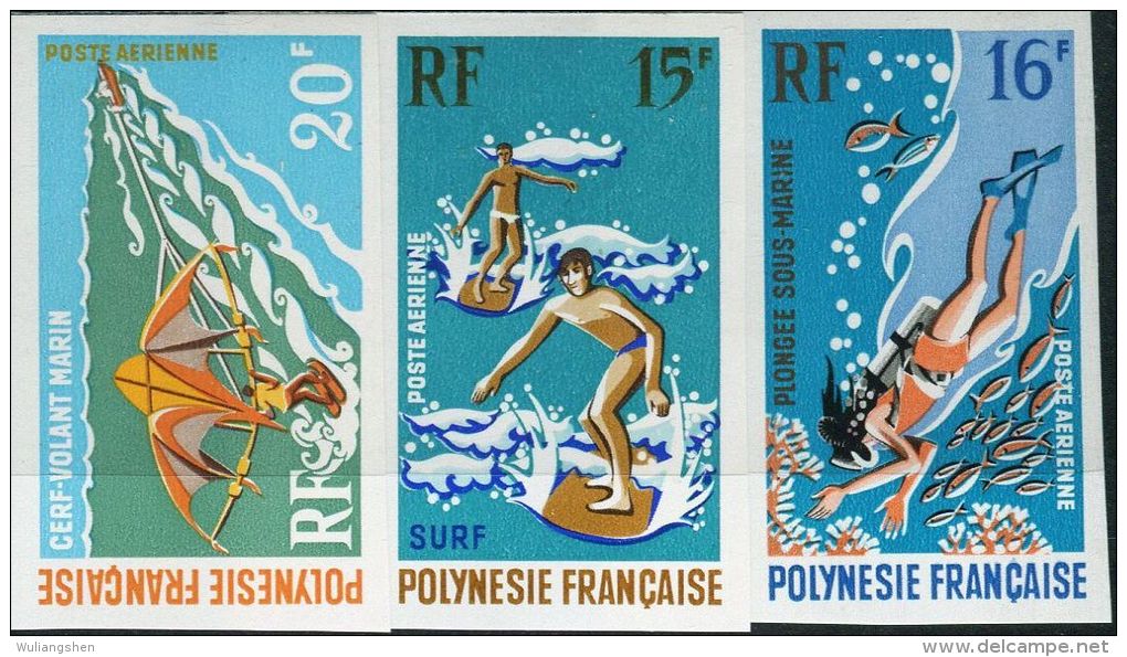 FN1230 Polynesia 1971 Water Sports Surfing Diving Imperf 3v MNH - Neufs