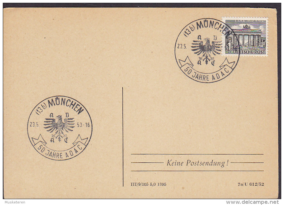 Germany Berlin Sonderstempel MÜNCHEN 1953 Card Karte 50 Jahre ADAC Adler Eagle Cachet Brandenburger Tor Stamp - Briefe U. Dokumente