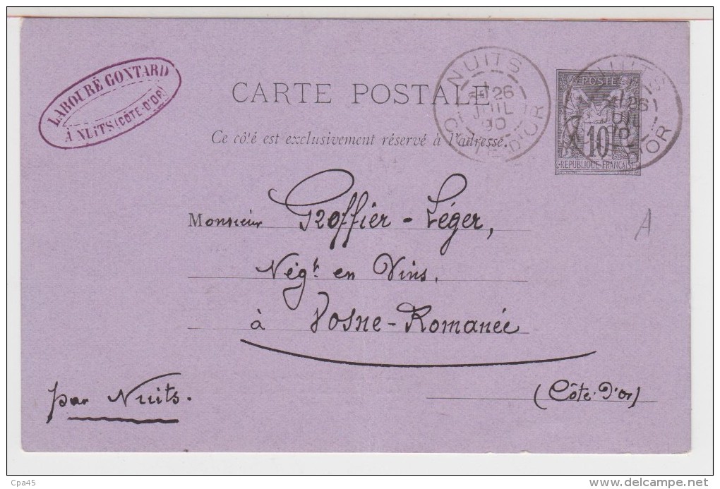 21  NUITS   Entier Postal 1890  De LABOURE  GONTARD à NUITS- Dest - VOSNE - ROMANEE - Nuits Saint Georges