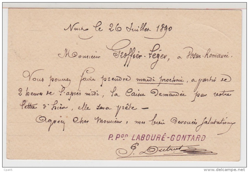 21  NUITS   Entier Postal 1890  De LABOURE  GONTARD à NUITS- Dest - VOSNE - ROMANEE - Nuits Saint Georges