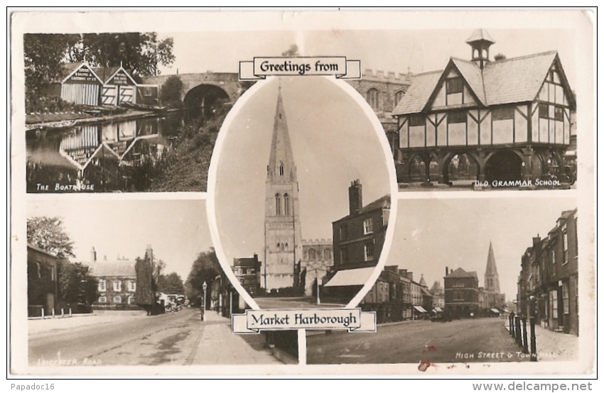 GB - Lei - Greetings From Market Harborough - Multiview : Church, Boathouse, Old Grammar School, High Street... (1947) - Autres & Non Classés