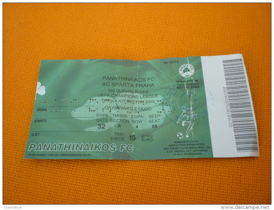 Panathinaikos-Sparta Prague UEFA Champions League Qualifying Round Football Match Ticket Stub 4/8/2009 (hologram) - Tickets & Toegangskaarten