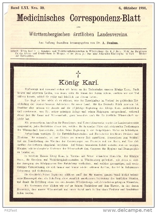 Original Todesanzeige - 1891 - König Karl Von Württemberg , Adel !!! - Todesanzeige