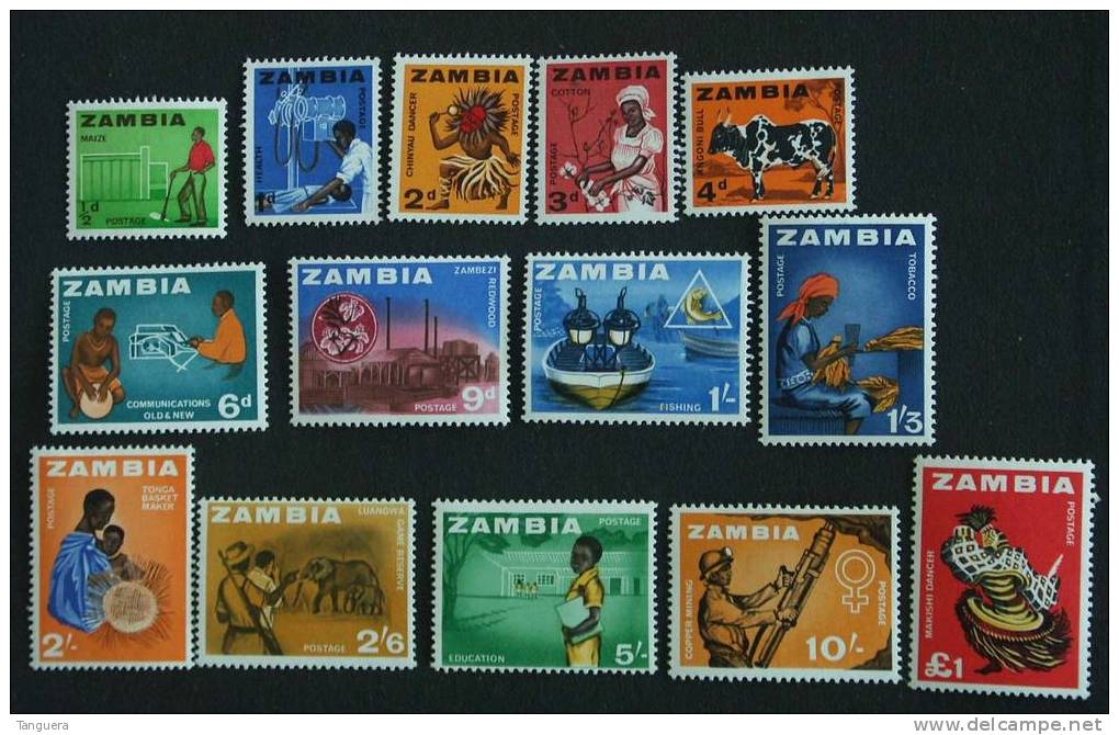 Zambia 1964 Mais Danseur Coton Zébu Communication Pêche Tabac éléphant Mines Scierie Olifant Mijnen Yv 4-17 MNH ** - Zambie (1965-...)