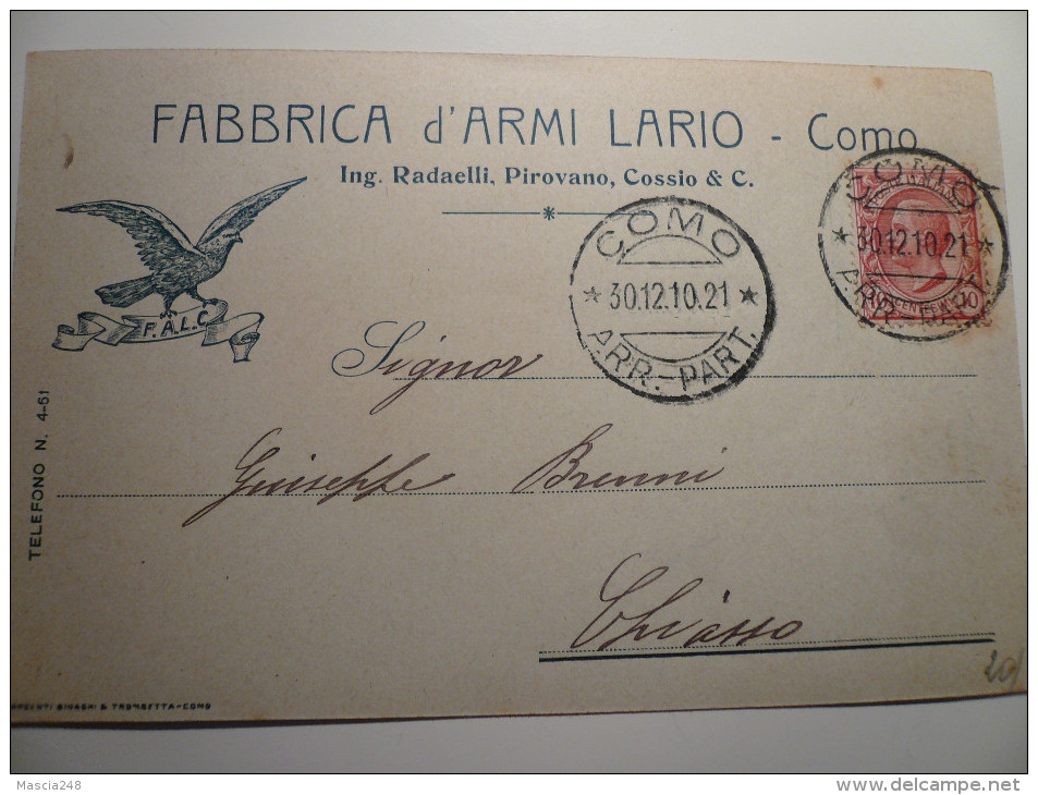 Como  Pubblicità Fabrica D'Armi LARIO Usata 30.12.1910 - Como