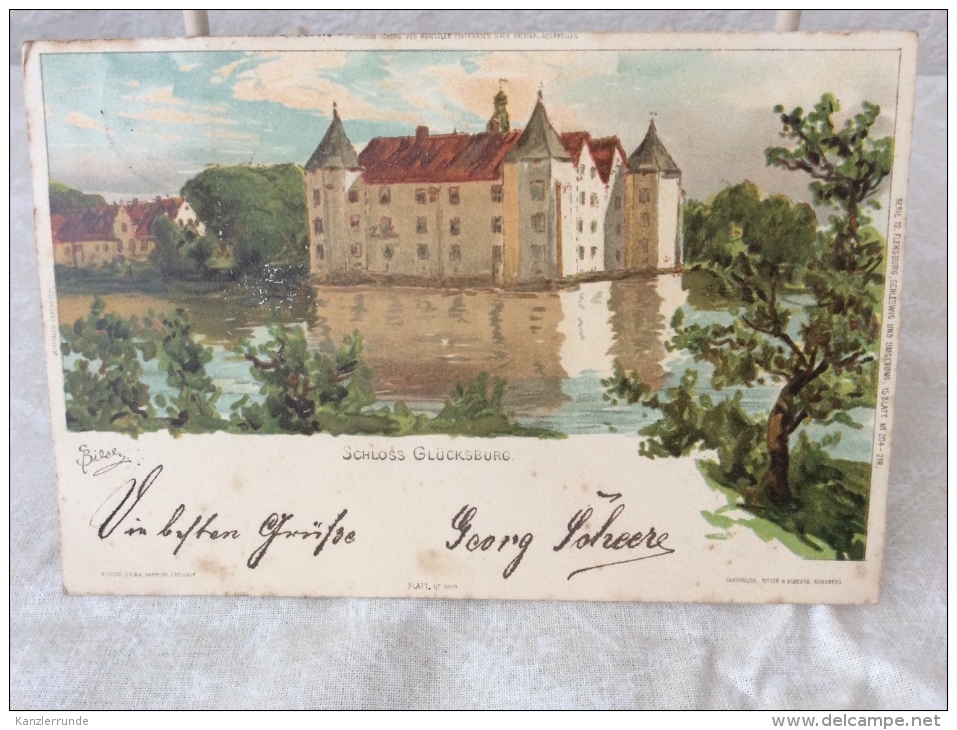 Flensburg Schloss Glücksburg Postkarte Ansichtskarte Lithographie AK 1900 Nach Harburg - Flensburg