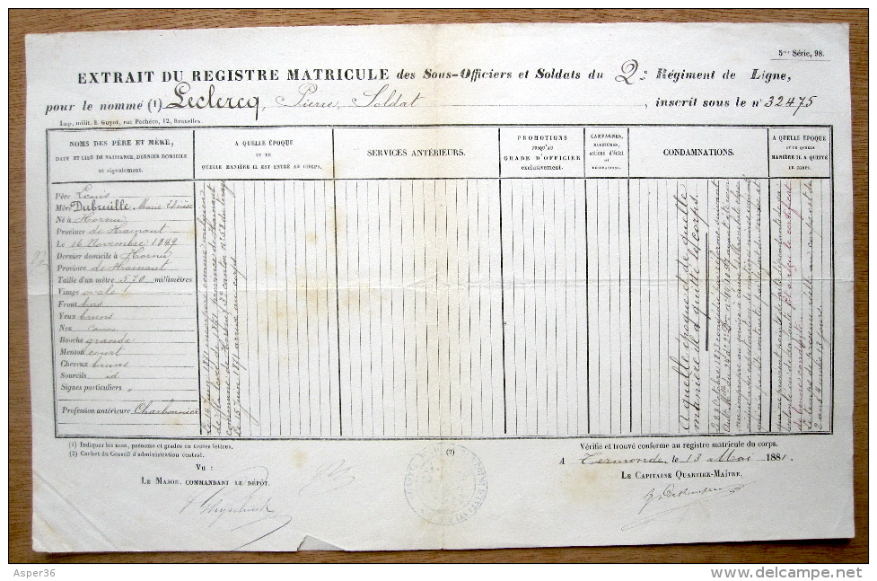 2me Régiment De Ligne, Soldat Pierre Leclercq, Né à Hornu En 1849 - Autres & Non Classés