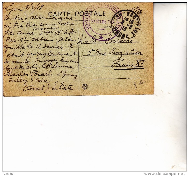 CARTE POSTALE DE 1918 -OBLITERATION MANUELLE -- HOPITAL D'EVACUATION -LYON - BROTTEAUX - Rotes Kreuz