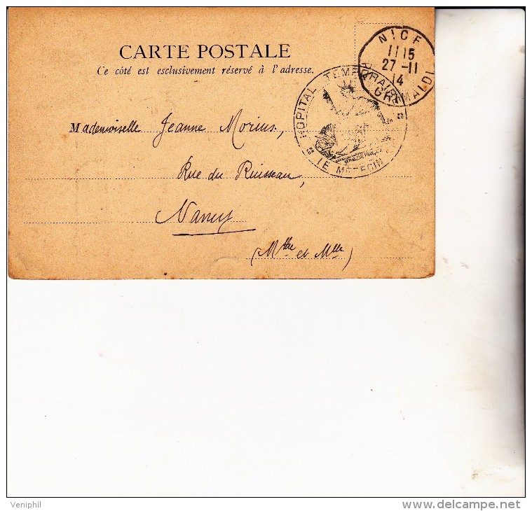 CARTE POSTALE DE 1914 - OBLITERATION MANUELLE - HOPITAL TEMPORAIRE - NICE - Croce Rossa