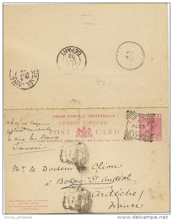 Entier Postal Une Piastre Avec Reponse Payé Oblitéré De Larnaca Du 23 Aout 1893 Pour La France , Rare - Zypern (...-1960)