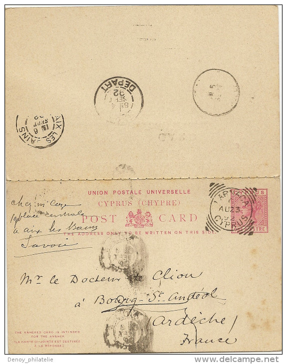 Entier Postal Une Piastre Avec Reponse Payé Oblitéré De Larnaca Du 23 Aout 1893 Pour La France , Rare - Cipro (...-1960)