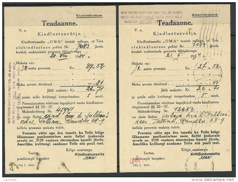 Estland Estonia 1934 = 2 Interesting Official Commercial Post Cards Insurance Company "OMA" Versicherung - Estland