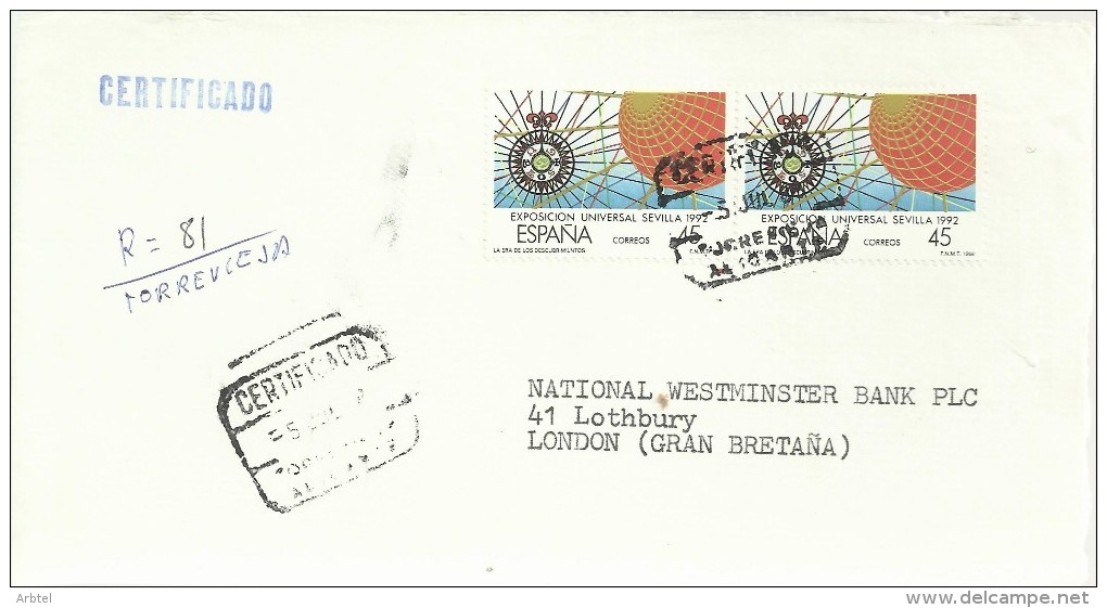 TORREVIEJA ALICANTE FRONTAL DE CERTIDICADO SELLO EXPO 92 - 1992 – Sevilla (Spanien)