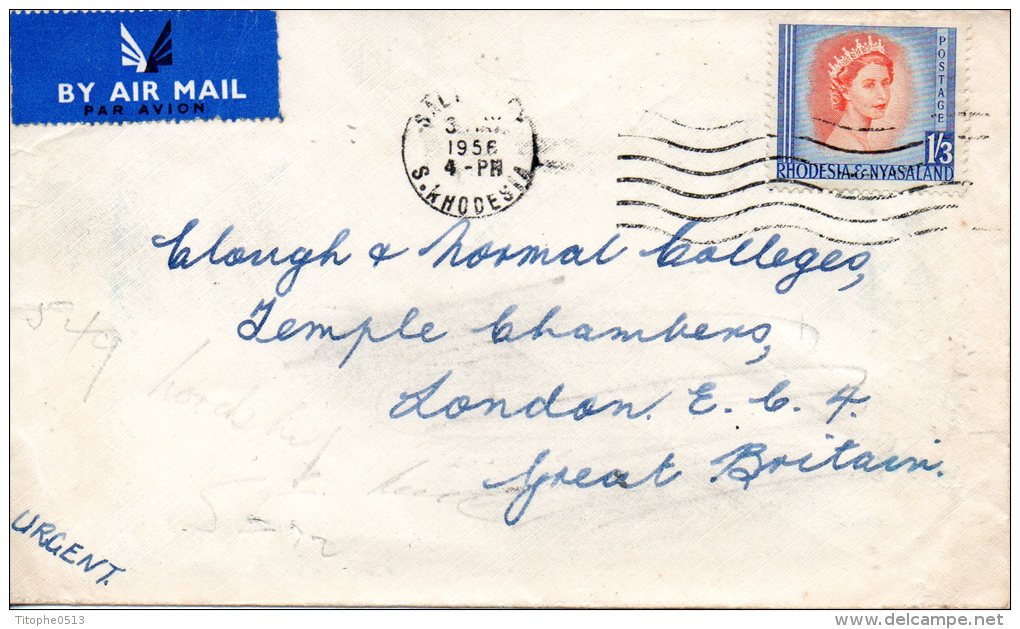 RHODESIE - NYASSALAND. N°10 De 1954 Sur Enveloppe Ayant Circulé. Elizabeth II. - Nyassaland (1907-1953)