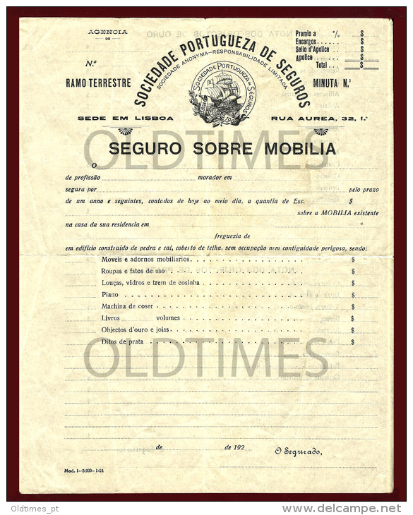 PORTUGAL - LISBOA - SOCIEDADE PORTUGUESA DE SEGUROS - SEGURO SOBRE MOBILIA - 1920 OLD INVOICE - Portogallo