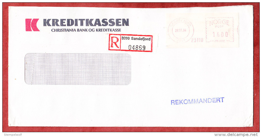 Einschreiben Reco, Kreditkassen, Freistempel, Sandefjord 1984 (61476) - Briefe U. Dokumente