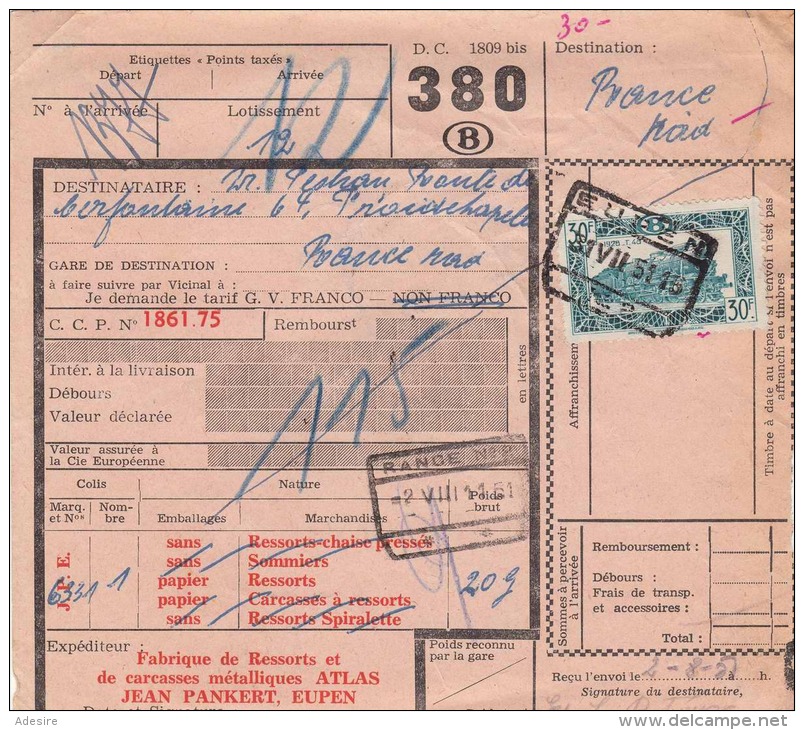 Belgien 30 F Auf Paketschein 1951 - Briefe U. Dokumente