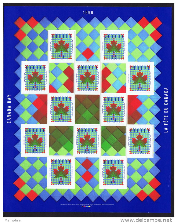 1996  Canada Day  Maple Leaf Quilt  Pane Of 12 Stamps And 5 Labels Sc 1607** - Unused Stamps