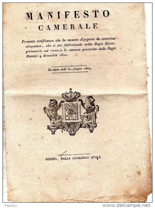 1824 MANIFESTO CAMERALE - LA MONETA D´ARGENTO DA CENTESIMI CINQUANTA  PRESENTERÀ LO STEMMA - Non Classés