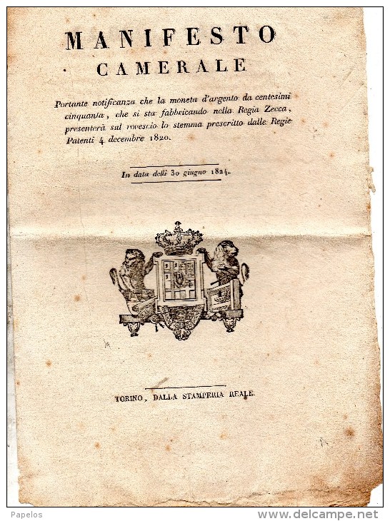 1824 MANIFESTO CAMERALE - LA MONETA D´ARGENTO DA CENTESIMI CINQUANTA  PRESENTERÀ LO STEMMA - Non Classificati