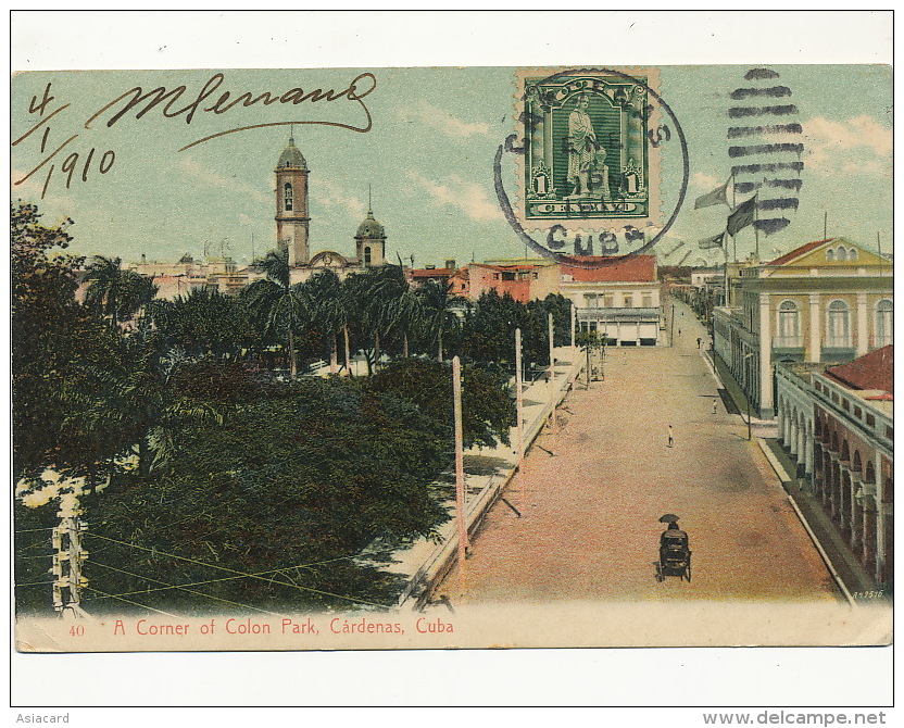 Cardenas A Corner Of Colon Park Maximum Stamp Colon To Tunis 1910 - Cuba