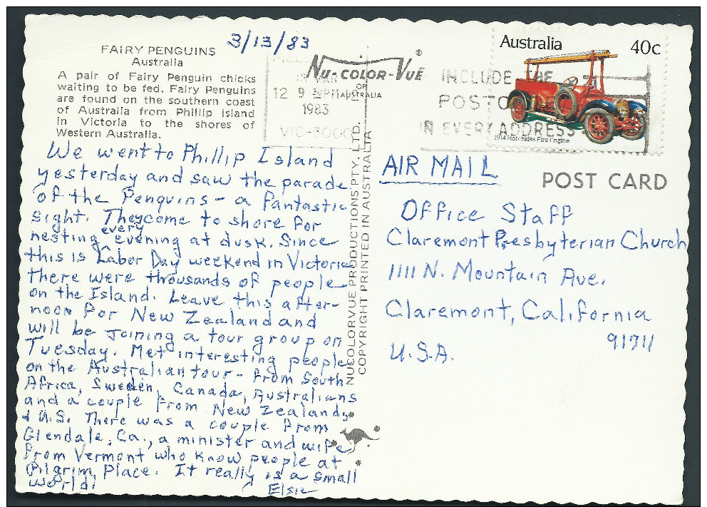 1983 40c Hotchkiss Fire Engine Postcard Phillip Island Penguins AUSTRALIA To USA - Other & Unclassified