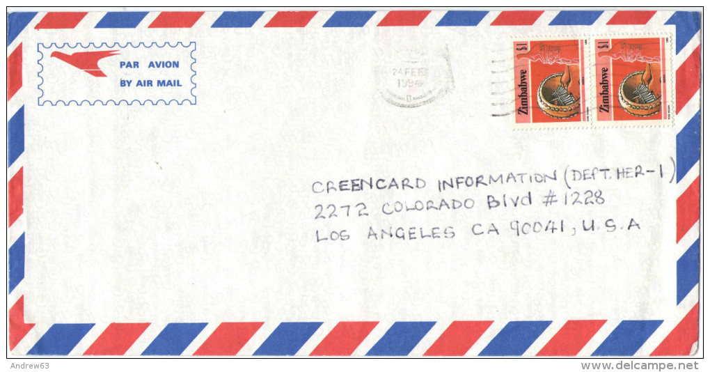 ZIMBABWE - 1994 - Air Mail - 2 X Mbira - Viaggiata Per Los Angeles, USA - Zimbabwe (1980-...)