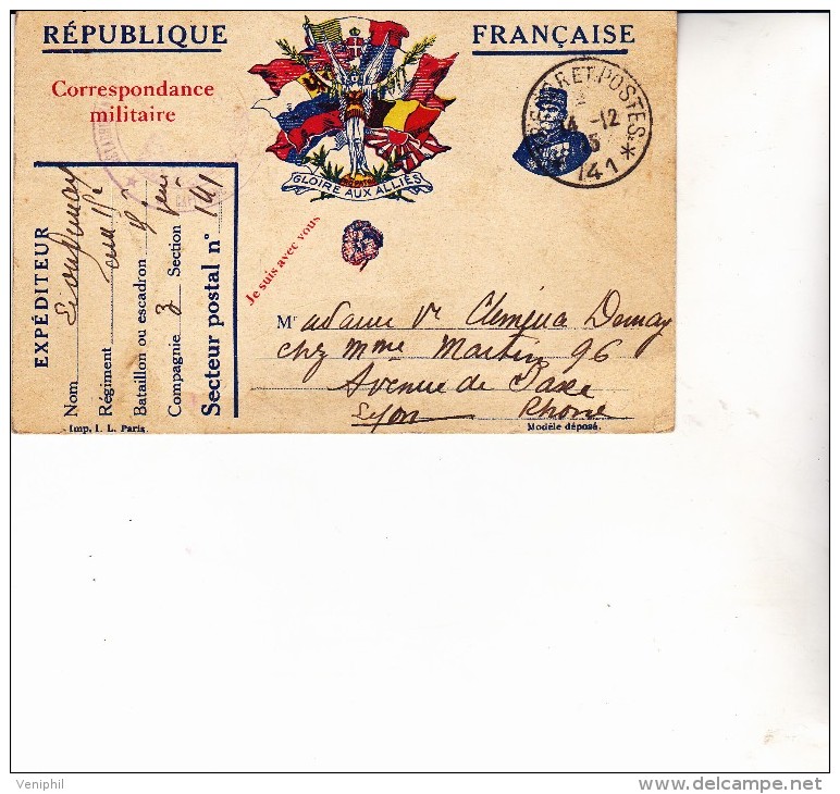 CARTE MILITAIRE AUX DRAPEAUX -1915 -SECTEUR POSTAL N° 141  TB - Brieven En Documenten