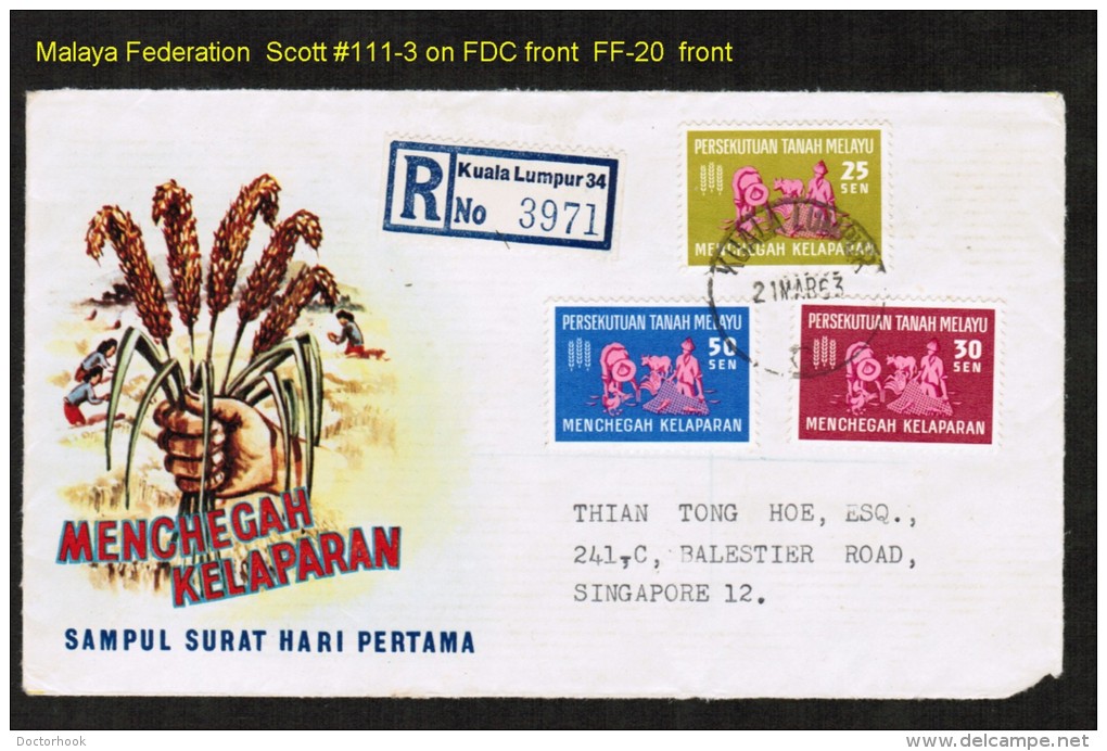 MALAYA    Scott # 111-3 On Registered First Day Cover Front (front Only)  (21 Mar. 1963) - Fédération De Malaya