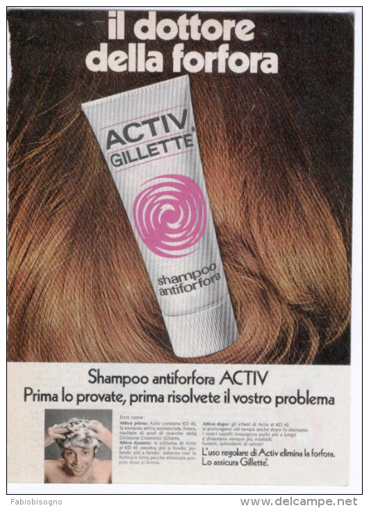 1970 -  Shampoo Antiforfora ACTIV  GILLETTE   -   1  Pubblicità Cm. 13,5 X 18,5 - Zeitschriften