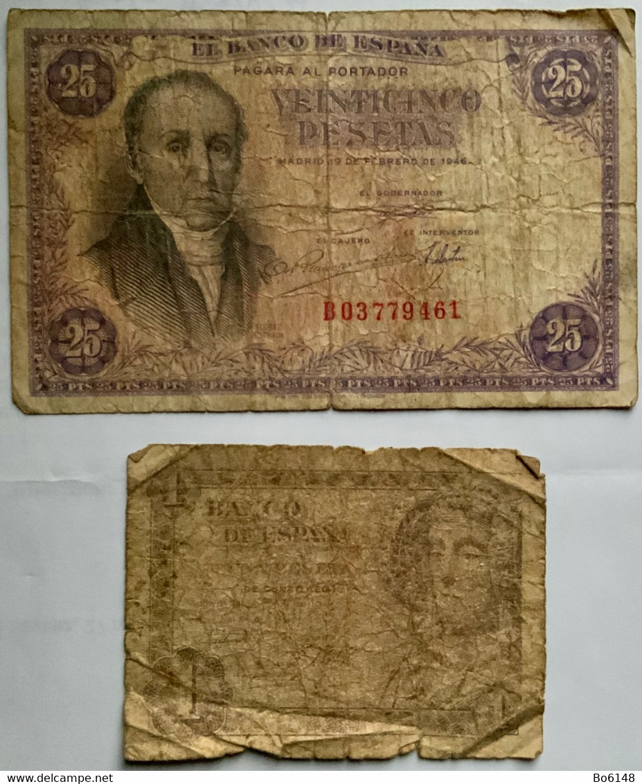 SPAGNA 2 Banconote 1 PESETA 1948 E  25 PESETAS Banco De Espana 19/2/1946 Florez Estrada - 25 Peseten