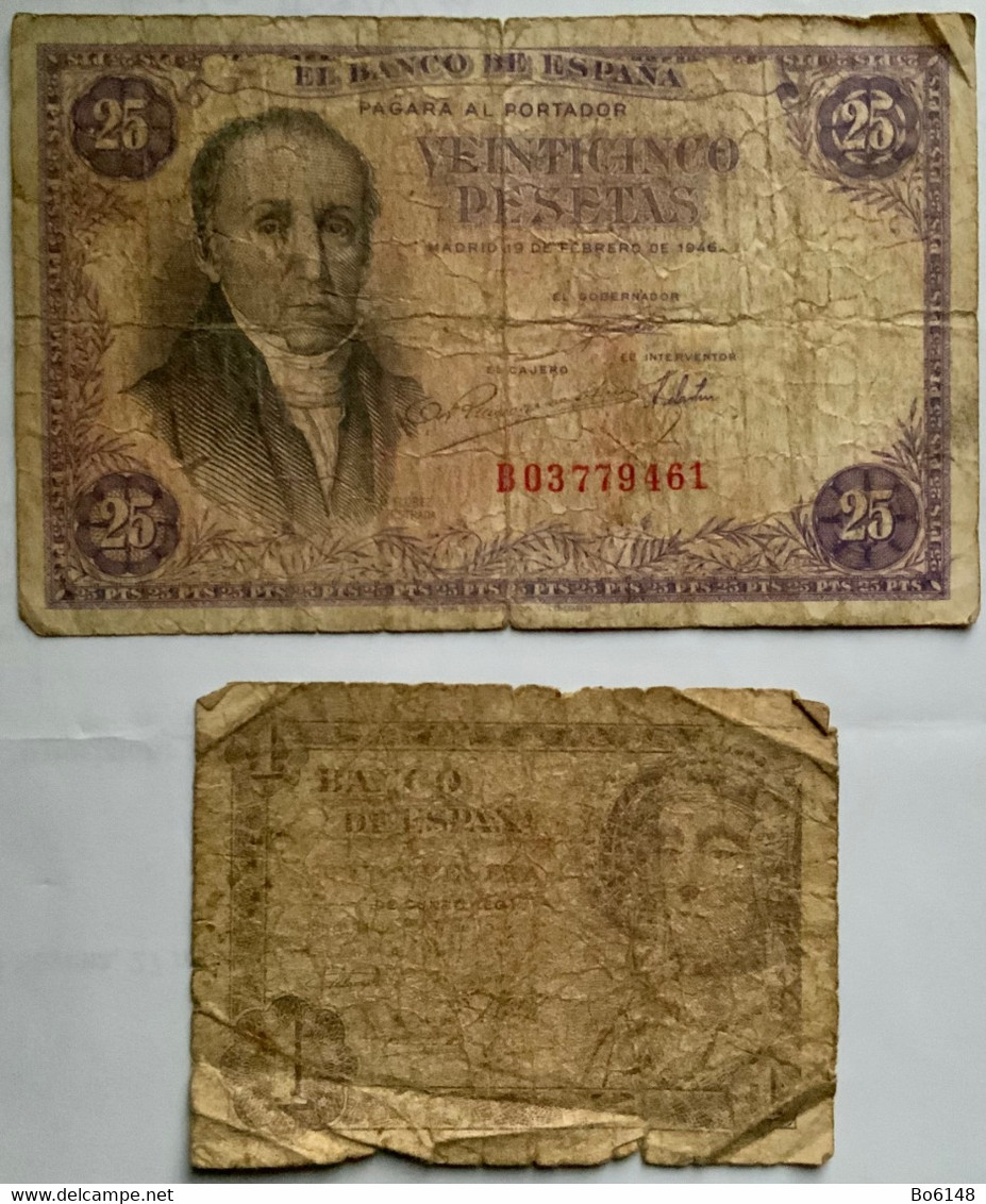 SPAGNA 2 Banconote 1 PESETA 1948 E  25 PESETAS Banco De Espana 19/2/1946 Florez Estrada - 25 Pesetas
