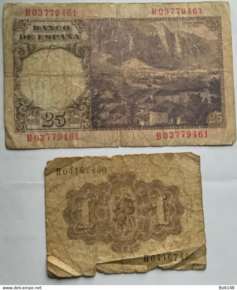 SPAGNA 2 Banconote 1 PESETA 1948 E  25 PESETAS Banco De Espana 19/2/1946 Florez Estrada - 25 Pesetas