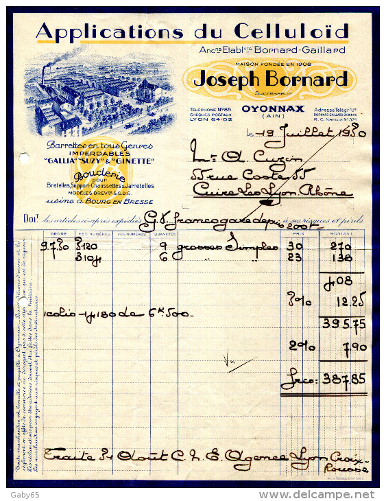 01.AIN.OYONNAX.APPLICATIONS DU CELLULOÏD.JOSEPH BORNARD.USINE  A BOURG EN BRESSE. - Autres & Non Classés