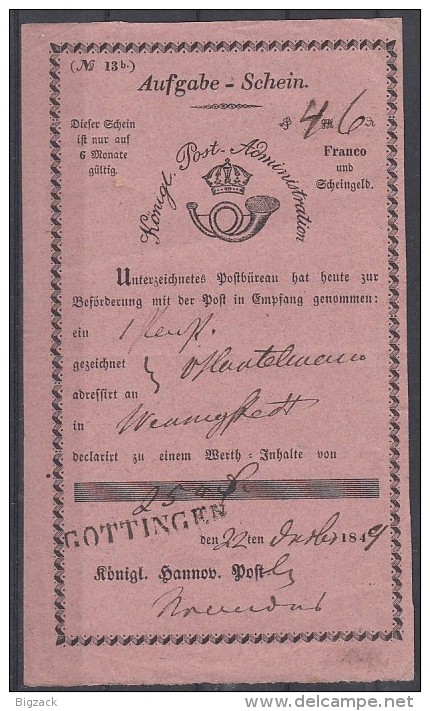 Aufgabe-Schein Königl. Hannov. Post 22.12.1849 Göttingen - Hannover