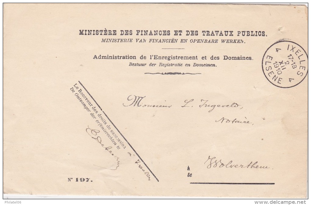 IXELLES  1910 MINISTERE DES FINANCES ET DES TRAVAUX PUBLICS - Franchise