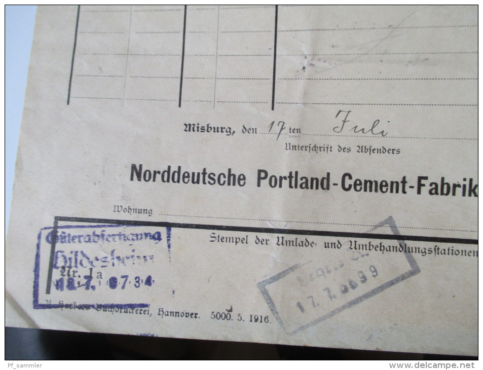 Frachtbrief 1920. Norddeutsche Portland Cement Fabrik Misburg. Güterabfertigung Hildesheim / Garbolzum