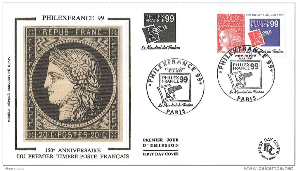 Enveloppe FDC Soie - PhilexFrance - 150ème Anniversaire Du Premier Timbre Poste Français - Paris - 1999 - 1990-1999