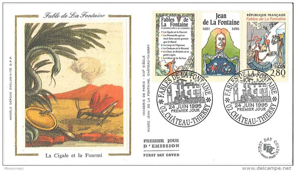 Enveloppe FDC Soie - Fables De La Fontaine - La Cigale Et La Fourmi - Château Thierry - 1995 - 1990-1999