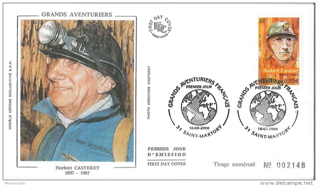 Enveloppe FDC Soie - Grands Aventuriers - Norbert Casteret - Saint Martory - 2000 - 2000-2009