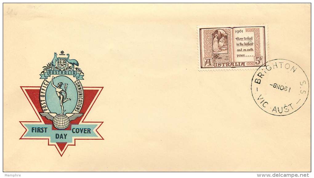 1961  Christmas Issue  SG 341  On Unaddressed Generic Dark Red Background Hermes Cachet - FDC