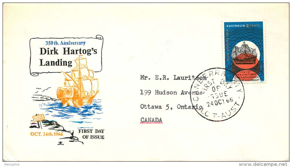 1966  Dirk Hartog's Landing  SG 408  On Royal Cachet Yellow-orange Boat And Date  To Canada - FDC