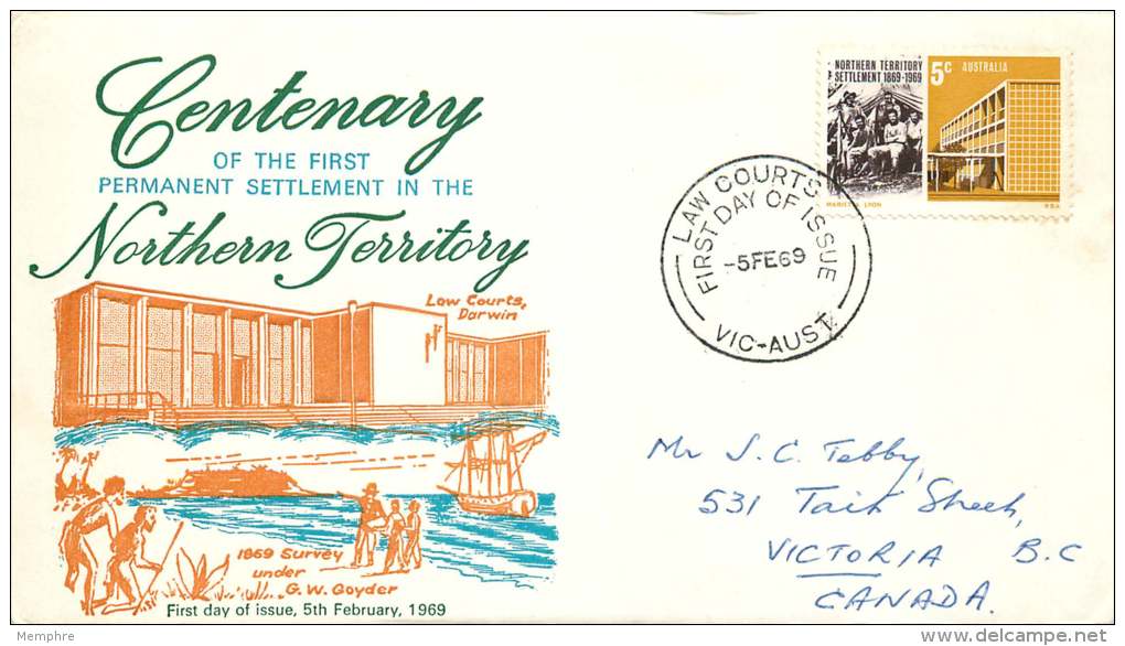 1969 Centenary Of Permanent Settlement In Northern Territories  SG 437  To Canada - FDC