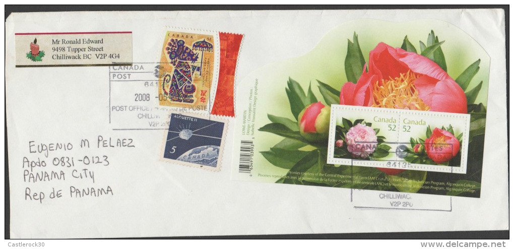 J) 2008 CANADA, FLOWERS, ALOUETTE II-SATELLITE, YEAR OF THE RAT, COVER TO PANAMA, XF - Luftpost