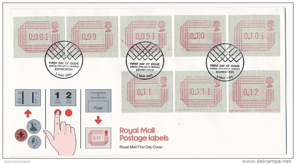 GRANDE BRETAGNE - 10 Enveloppes FDC "Royal Mail Postage Labels" - 1984 - Toutes Différentes - 1981-1990 Decimale Uitgaven