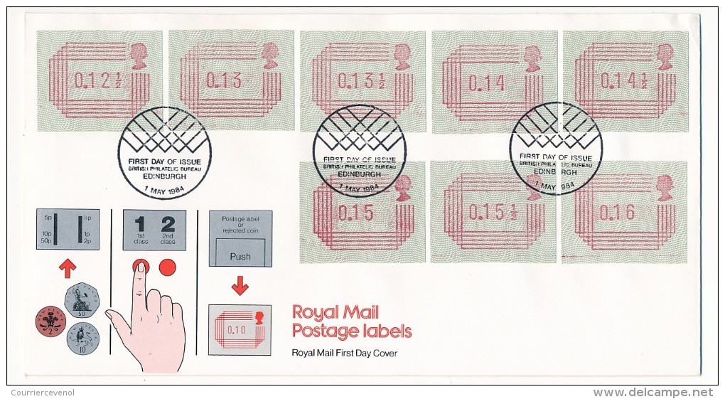 GRANDE BRETAGNE - 10 enveloppes FDC "Royal Mail Postage Labels" - 1984 - Toutes différentes