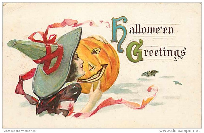 228455-Halloween, Stecher No 332 E, Witch Hugging A Jack O Lantern, Embossed Litho - Halloween