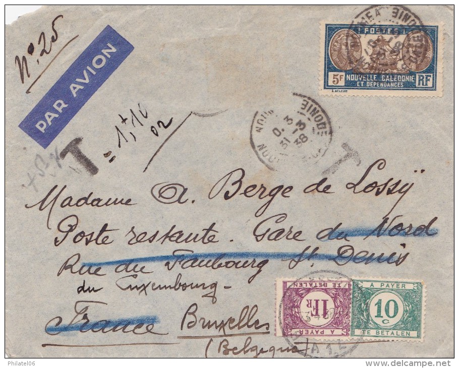 NOUVELLE CALEDONIE  LETTRE TAXEE EN BELGIQUE (TIMBRE DECOLLE) - Covers & Documents