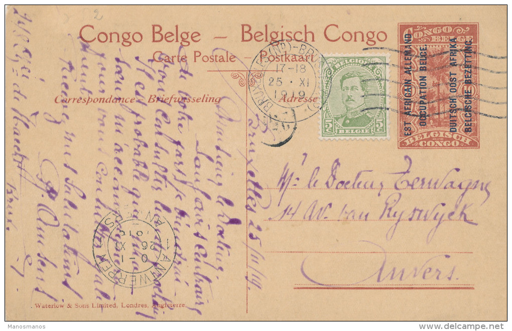 951/22 -  Entier Illustré Est Africain Vue Gare De KIGOMA + TP Petit Albert Utilisé à BRUXELLES Nord En 1919 Vers ANVERS - Stamped Stationery